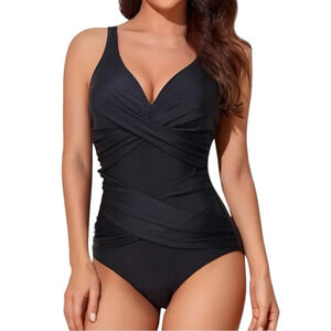 NWT Women’s Tummy Control Summer Swimsuit Adjustable Straps Retro Ruched Vintage